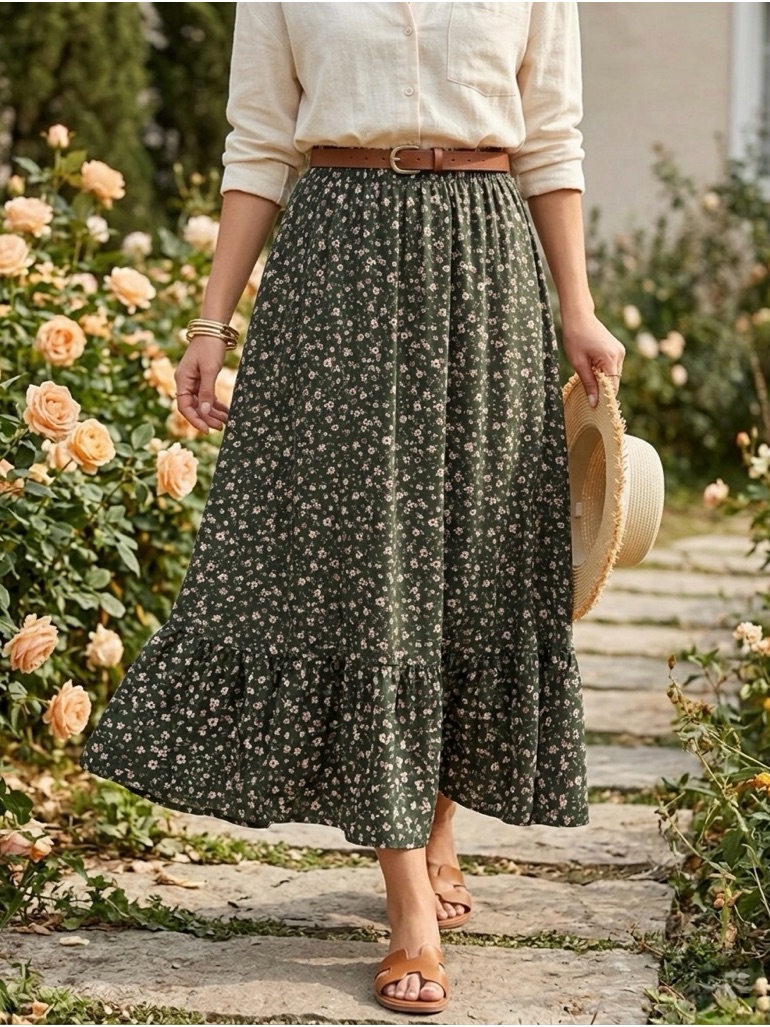 Ditsy Floral Dark Olive Green Ruffle Hem Maxi Skirt Cottagecore Boho Vibe S